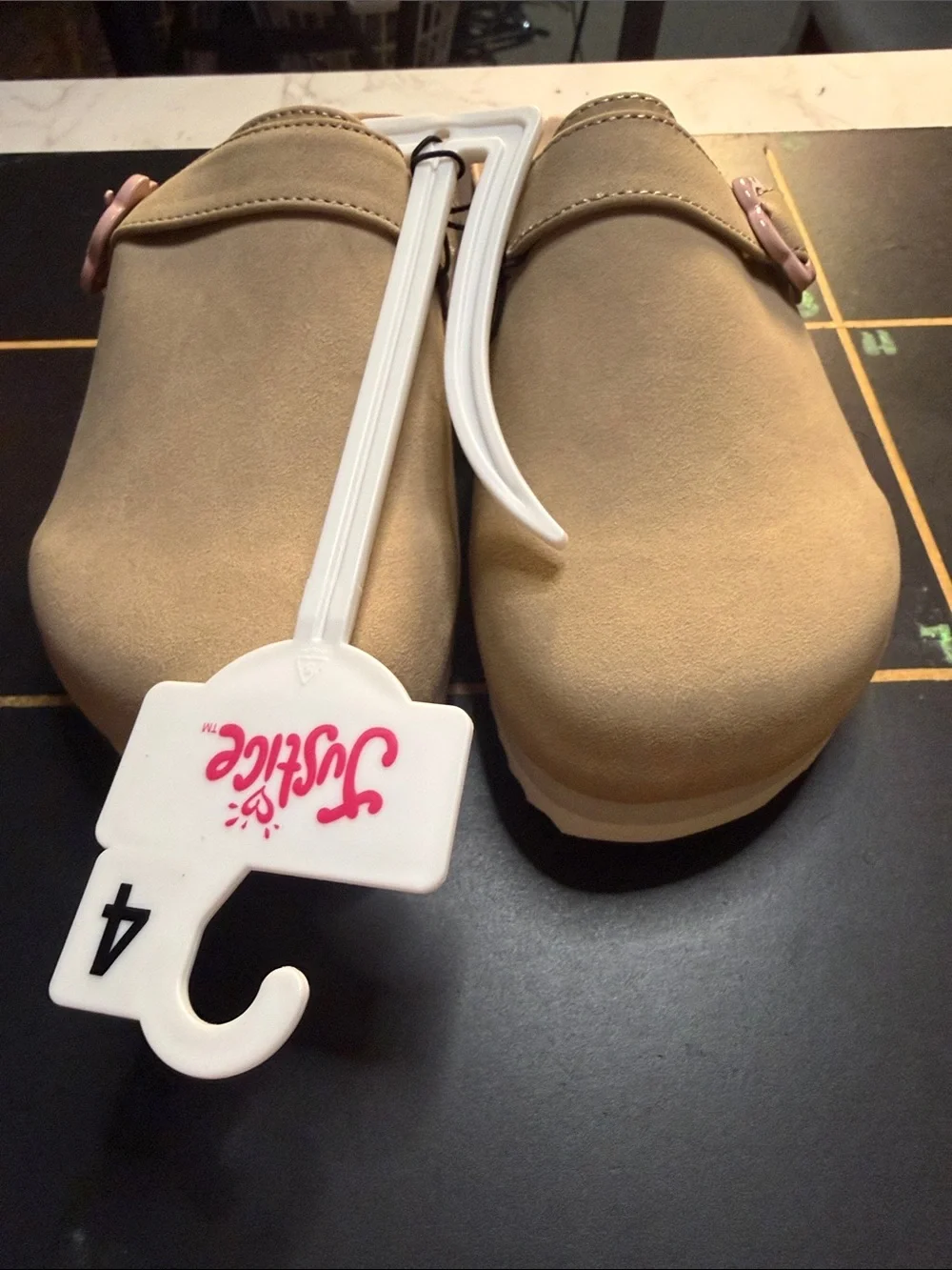 Justice Girls Tan Slip-On Clogs with Pink Flower Buckle